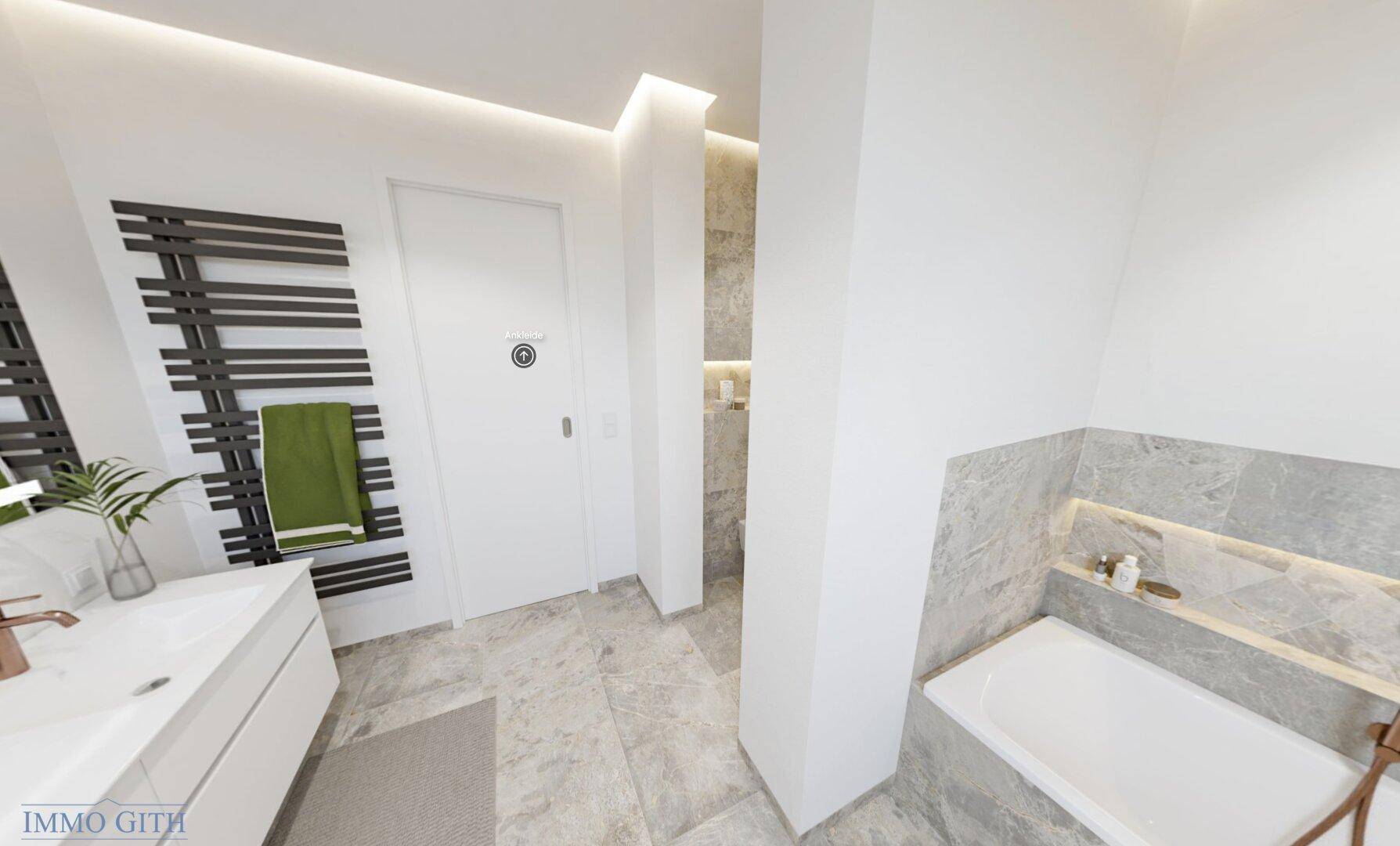 Modernes Badezimmer mit Badewanne, Fliesenboden und beheiztem Handtuchhalter für Komfort.