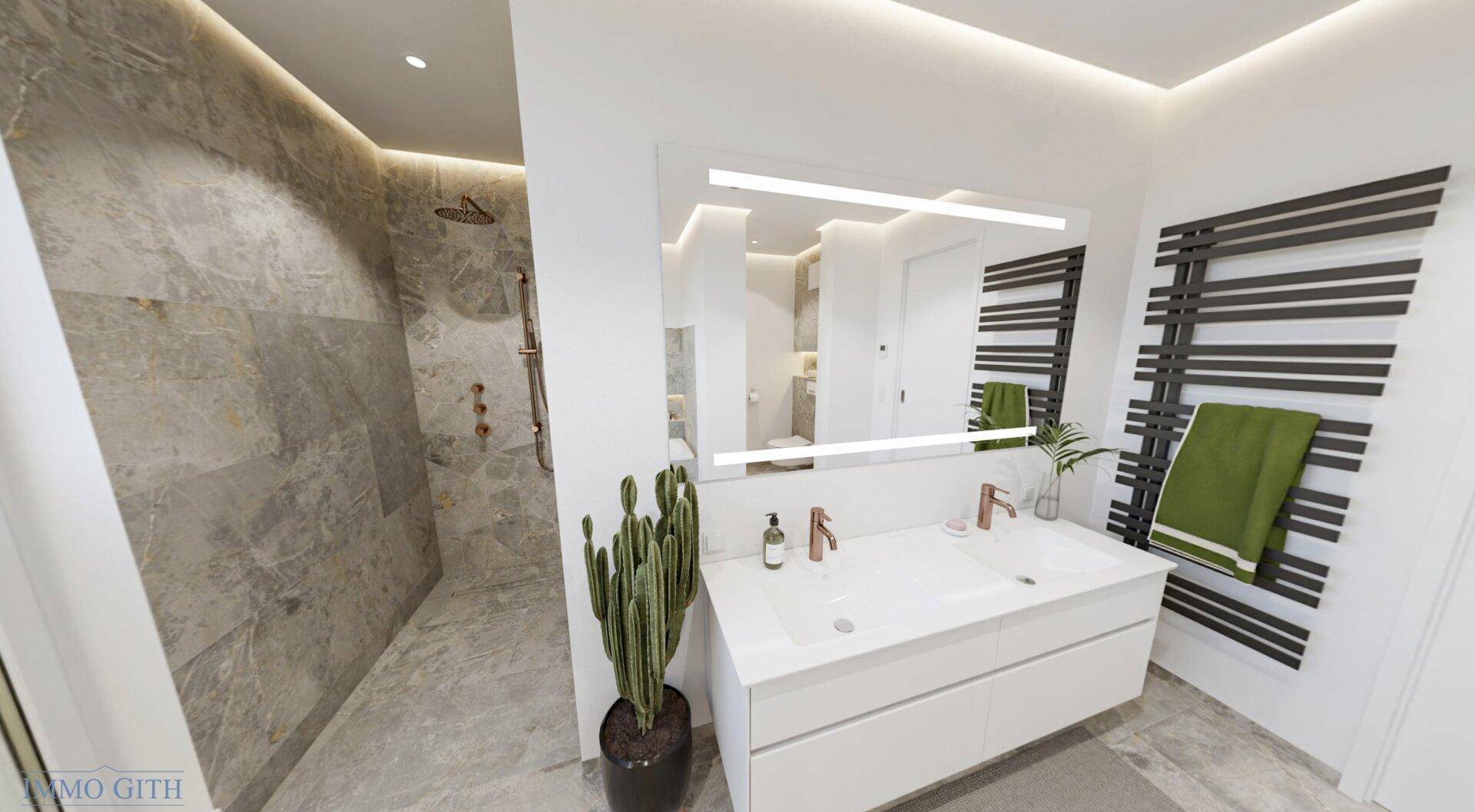 Elegantes Badezimmer mit Doppelwaschbecken, großer Dusche und stilvoller Beleuchtung.