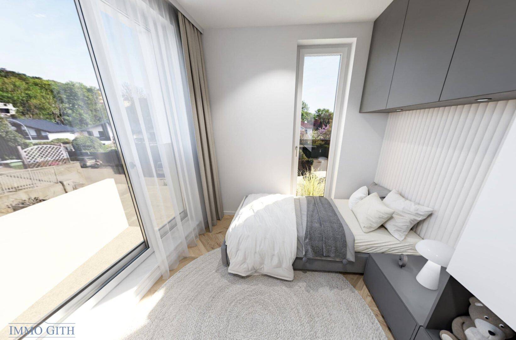 Gemütliches Schlafzimmer mit Einzelbett, Holzboden und großem Fenster für viel Tageslicht.