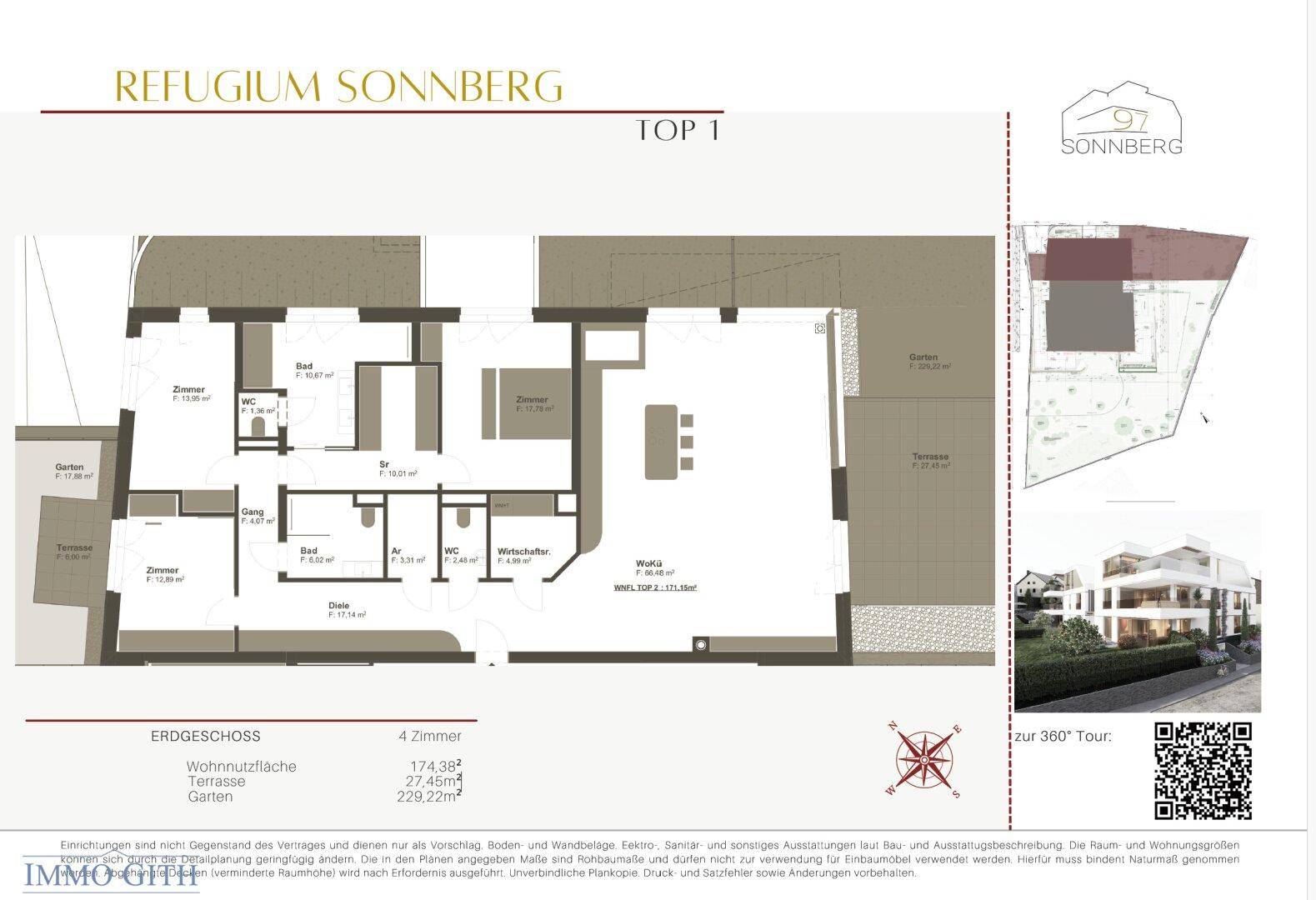 Detaillierter Grundriss der Wohnung Top 1 mit Wohnfläche, Terrasse und Gartenanteil.