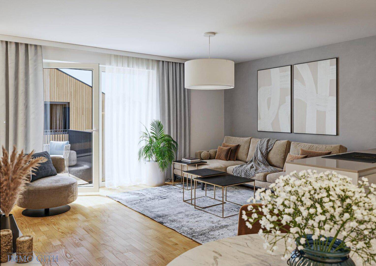 Helles Wohnzimmer mit modernem Sofa, Holzboden und direktem Zugang zu einem Balkon.
