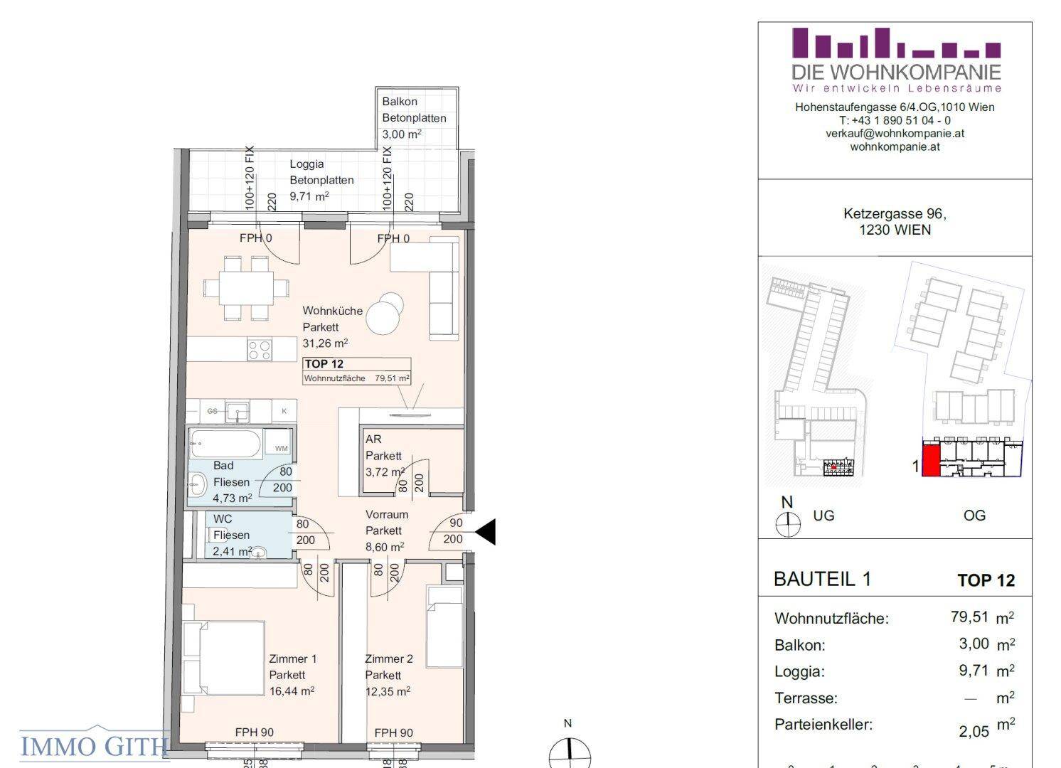 Detaillierter Grundriss von Top 12 mit 79,51 m² Wohnfläche, Balkon und Loggia.