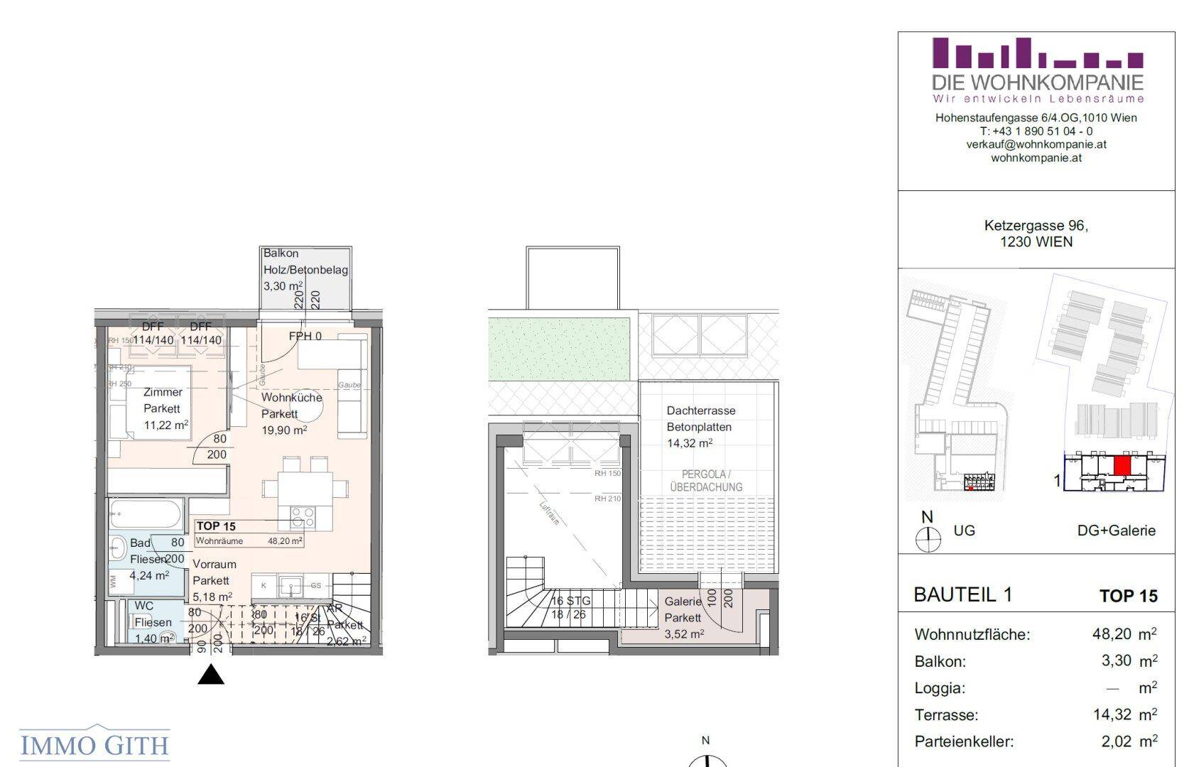 Grundriss einer Wohnung mit Wohnküche, Bad, WC, Balkon und Dachterrasse.