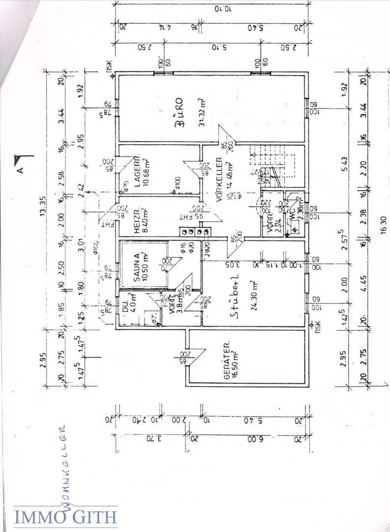 Grundriss des Wohnkellers mit Büro, Sauna, Heizraum und weiteren Funktionsräumen.
