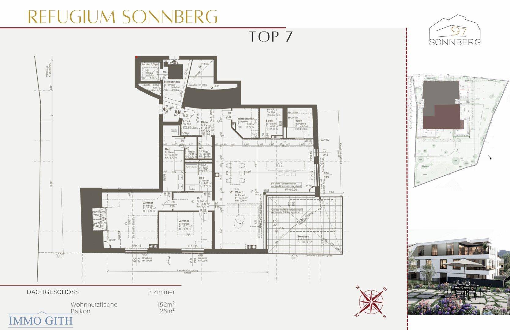 Grundriss der Wohnung Top 7 im Dachgeschoss mit 3 Zimmern und großer Terrasse.