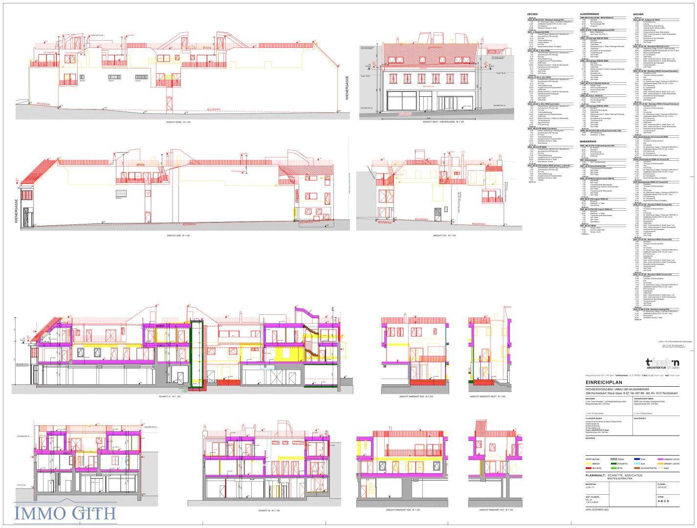 Architektonische Zeichnungen mit Ansichten und Schnitten des Gebäudes.
