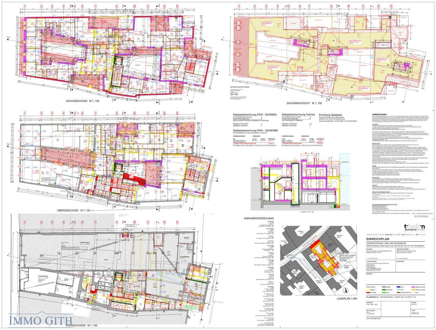 Übersicht über verschiedene Grundrisse und architektonische Zeichnungen des Gebäudes.