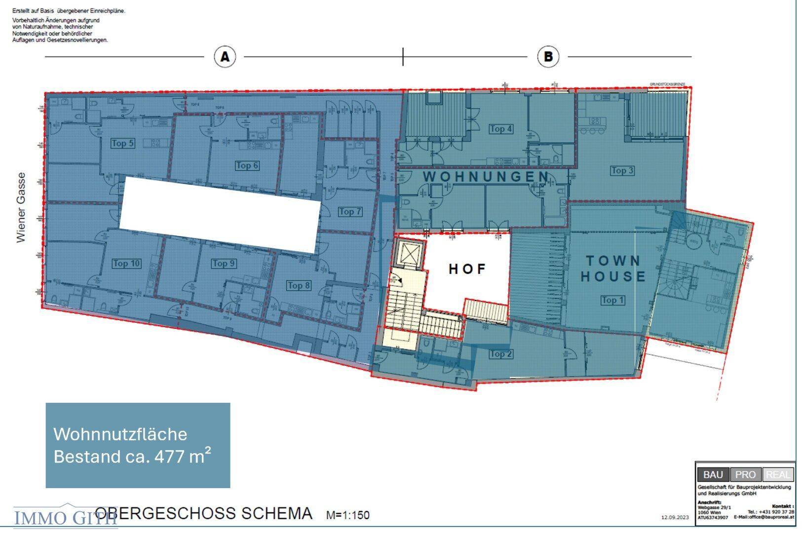 Grundriss-Schema des Obergeschosses mit Wohnungen, Townhouse und einem Innenhof.
