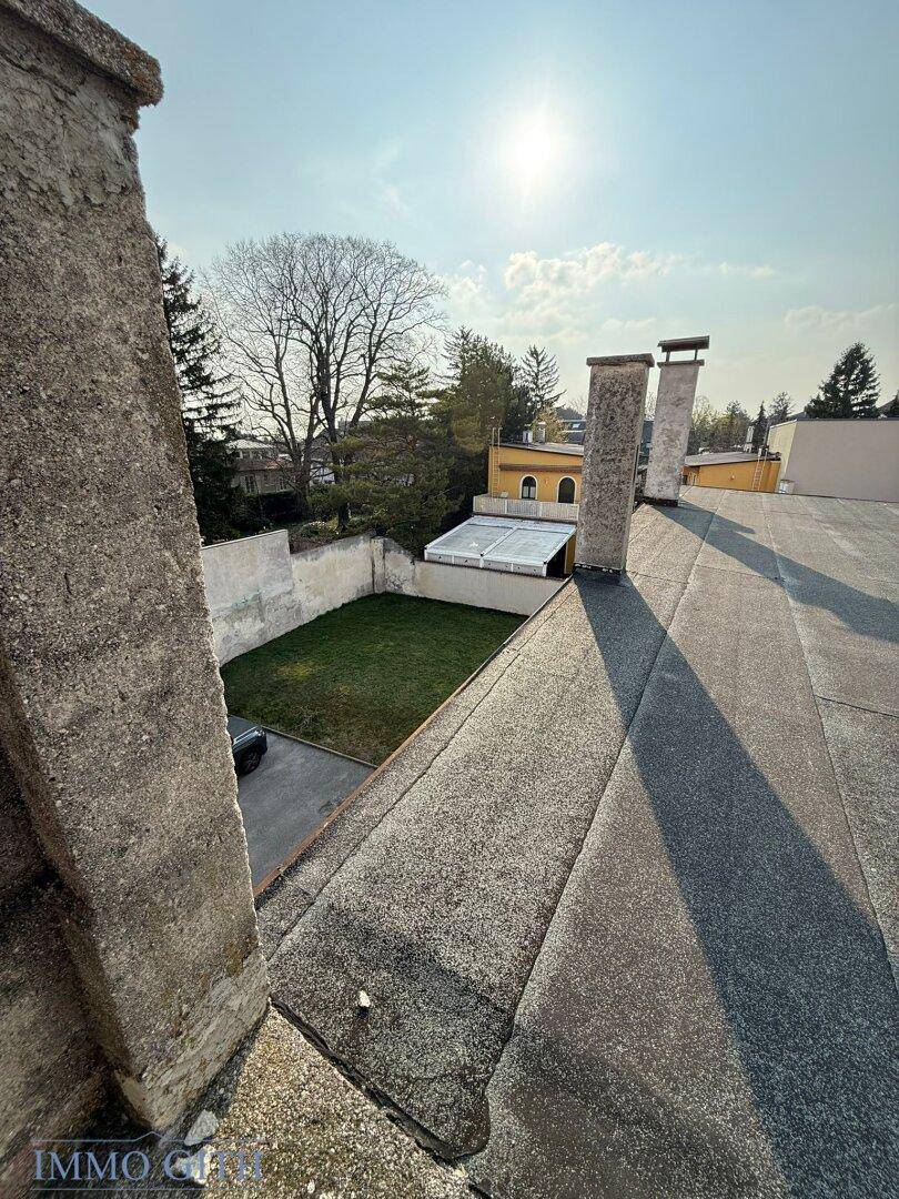 Blick vom Dach auf einen kleinen grünen Gartenbereich und umliegende Bäume.