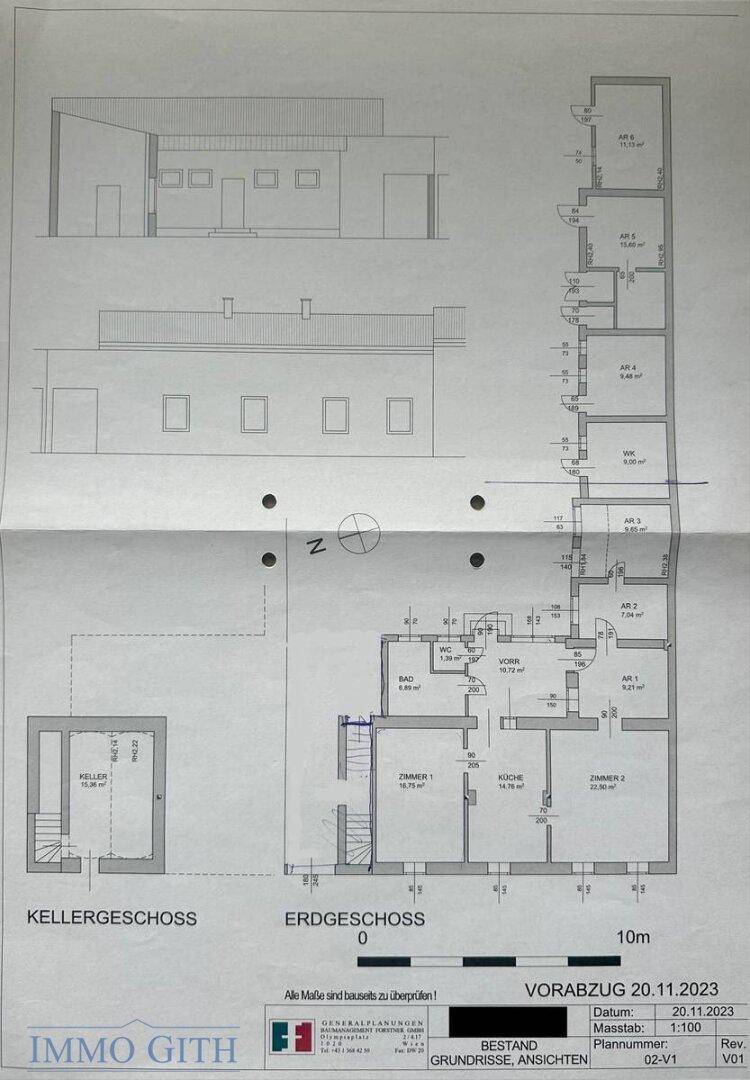 Grundriss des Erdgeschosses und Kellers mit Ansichten des Gebäudes und Raumaufteilung.