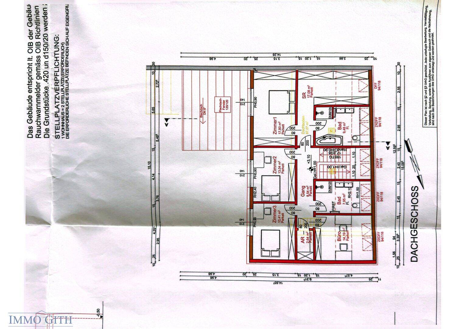 Grundriss des Dachgeschosses mit Schlafzimmern und Badezimmer, inklusive Dachschrägen.