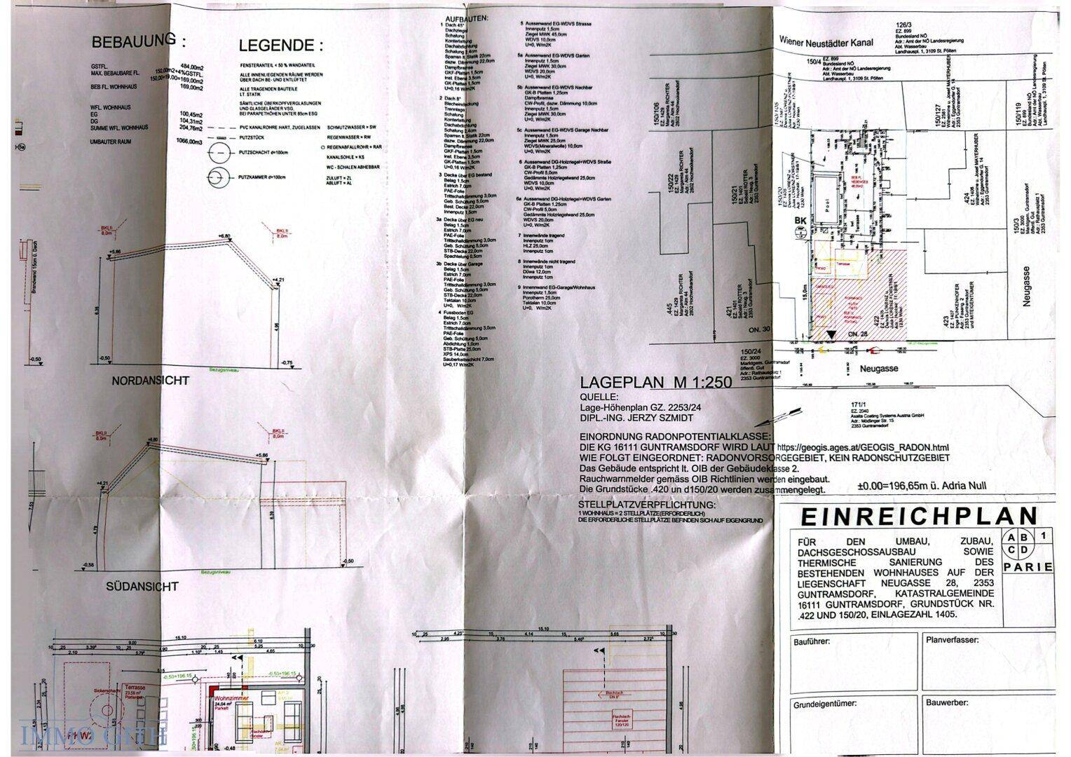 Umfassende Baupläne mit Schnitten, Ansichten, Grundrissen und Lageplan des Grundstücks.