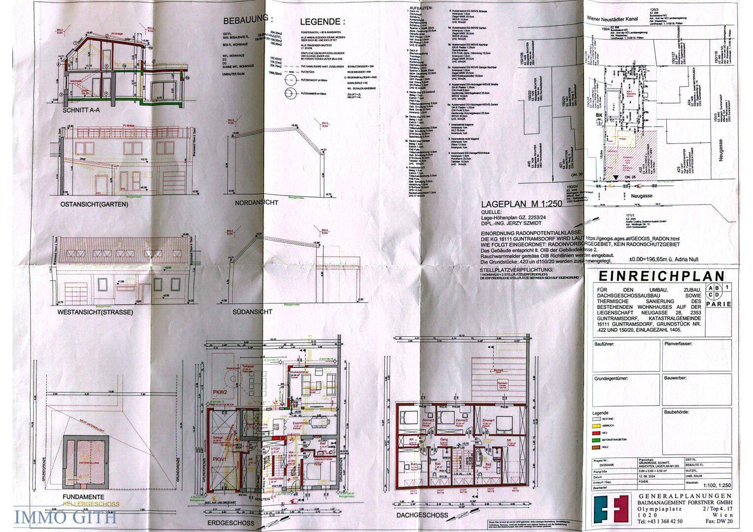 Detaillierte Baupläne mit Schnitten, Ansichten und Grundrissen für Erd- und Dachgeschoss.