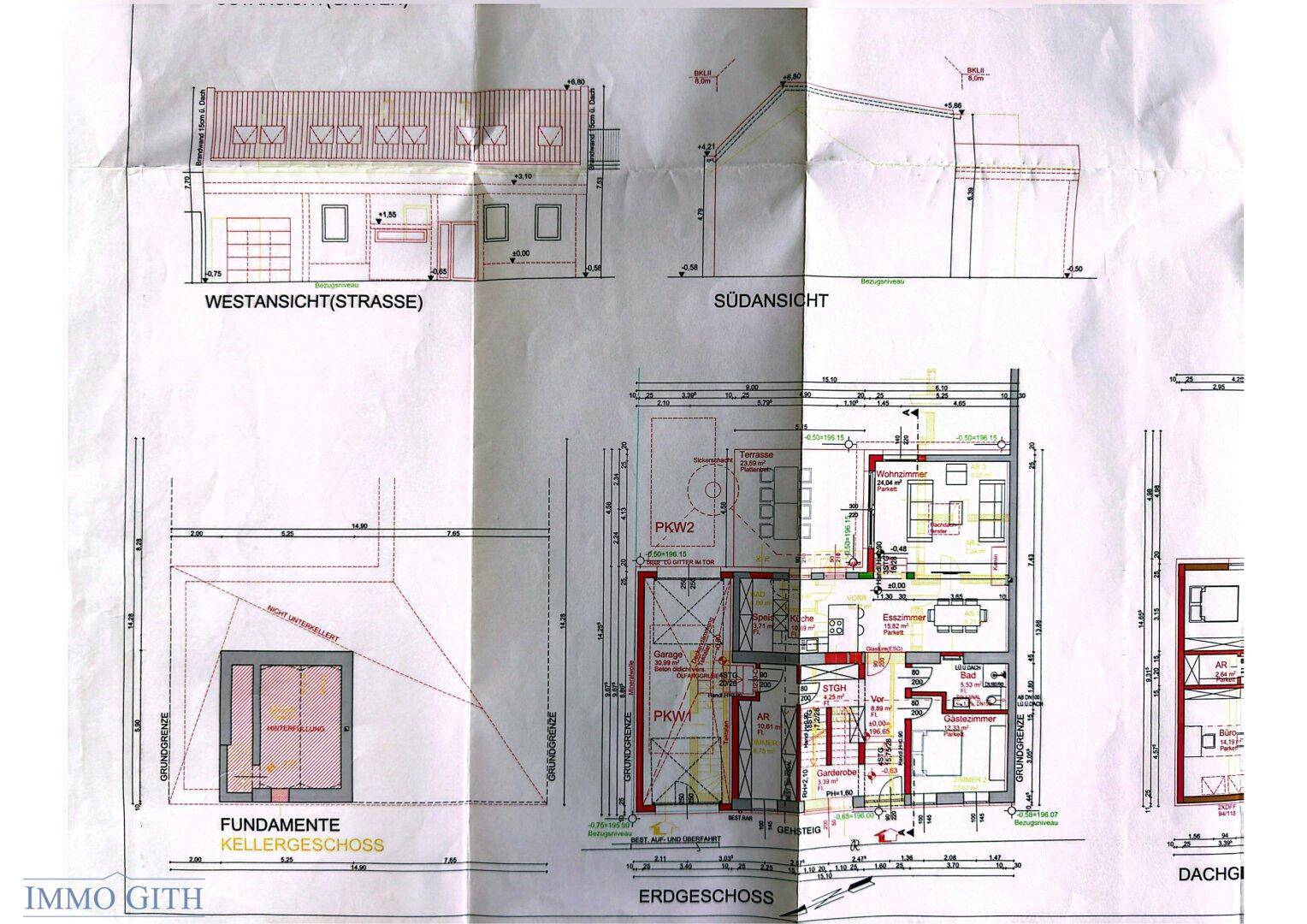 Grundriss des Erdgeschosses mit Fundamenten, Ansichten und Parkplätzen.