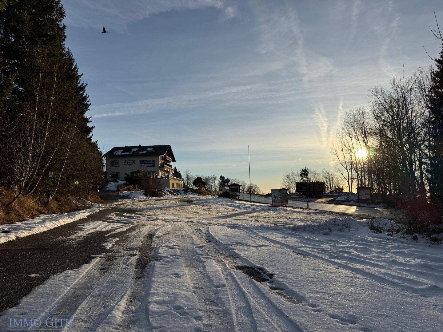 Gebäude in einer verschneiten Landschaft mit Bäumen und einer Zufahrtsstraße.