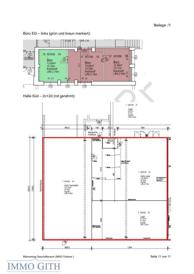 Grundrisspläne zeigen die Aufteilung eines Bürobereichs und einer großen Halle mit verschiedenen Flächen.