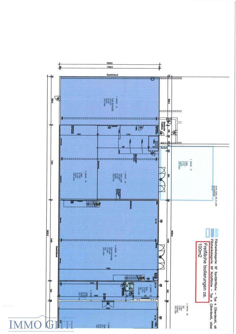 Detaillierter Grundrissplan einer großen, blau markierten Fläche, wahrscheinlich einer Halle oder eines Lagerbereichs.
