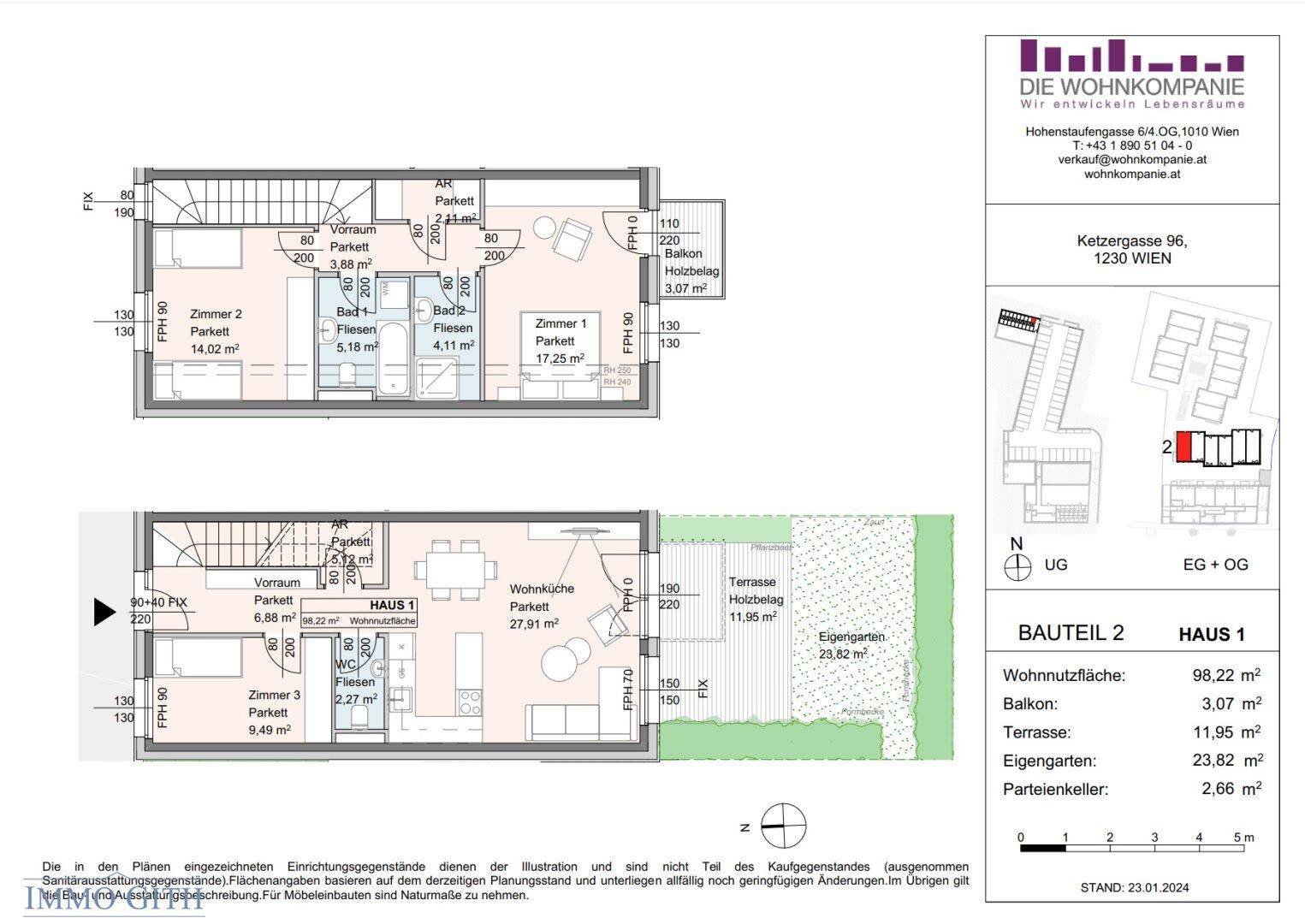 Grundrissplan eines Hauses über zwei Ebenen mit Garten, Terrasse und Balkon.