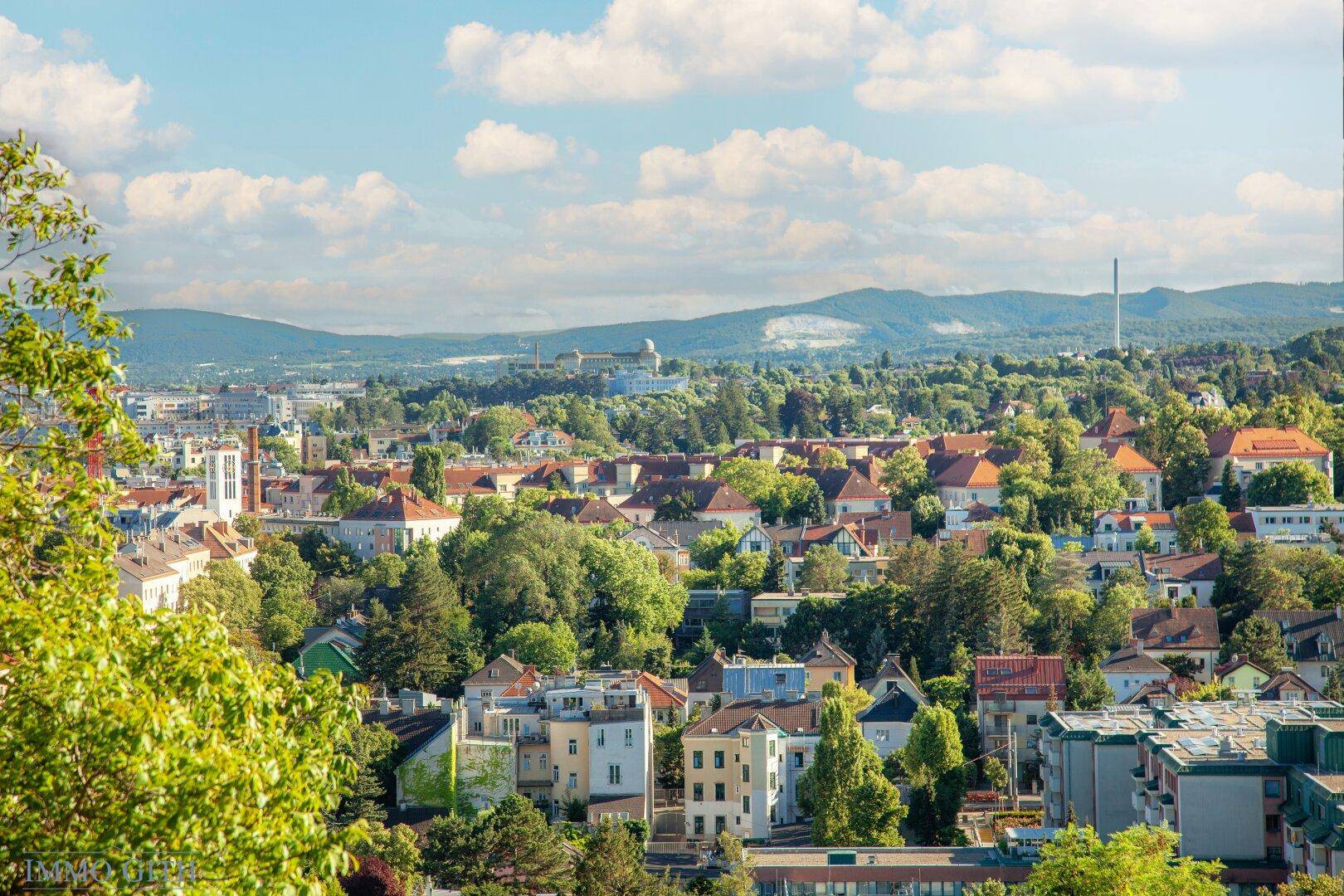 Weitläufiger Blick über eine grüne Wohngegend mit vielen Häusern und Bergen im Hintergrund.