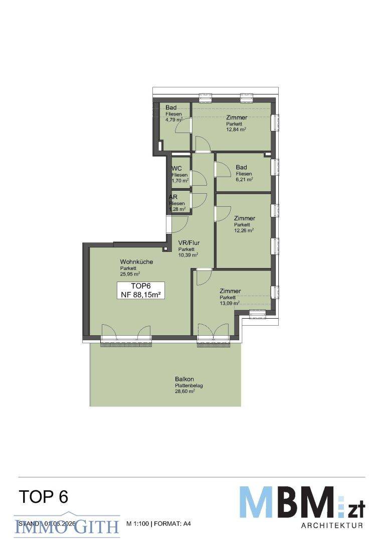 Grundriss der Wohnung TOP 6 mit Wohnküche, mehreren Zimmern, Bädern und einem großen Balkon.