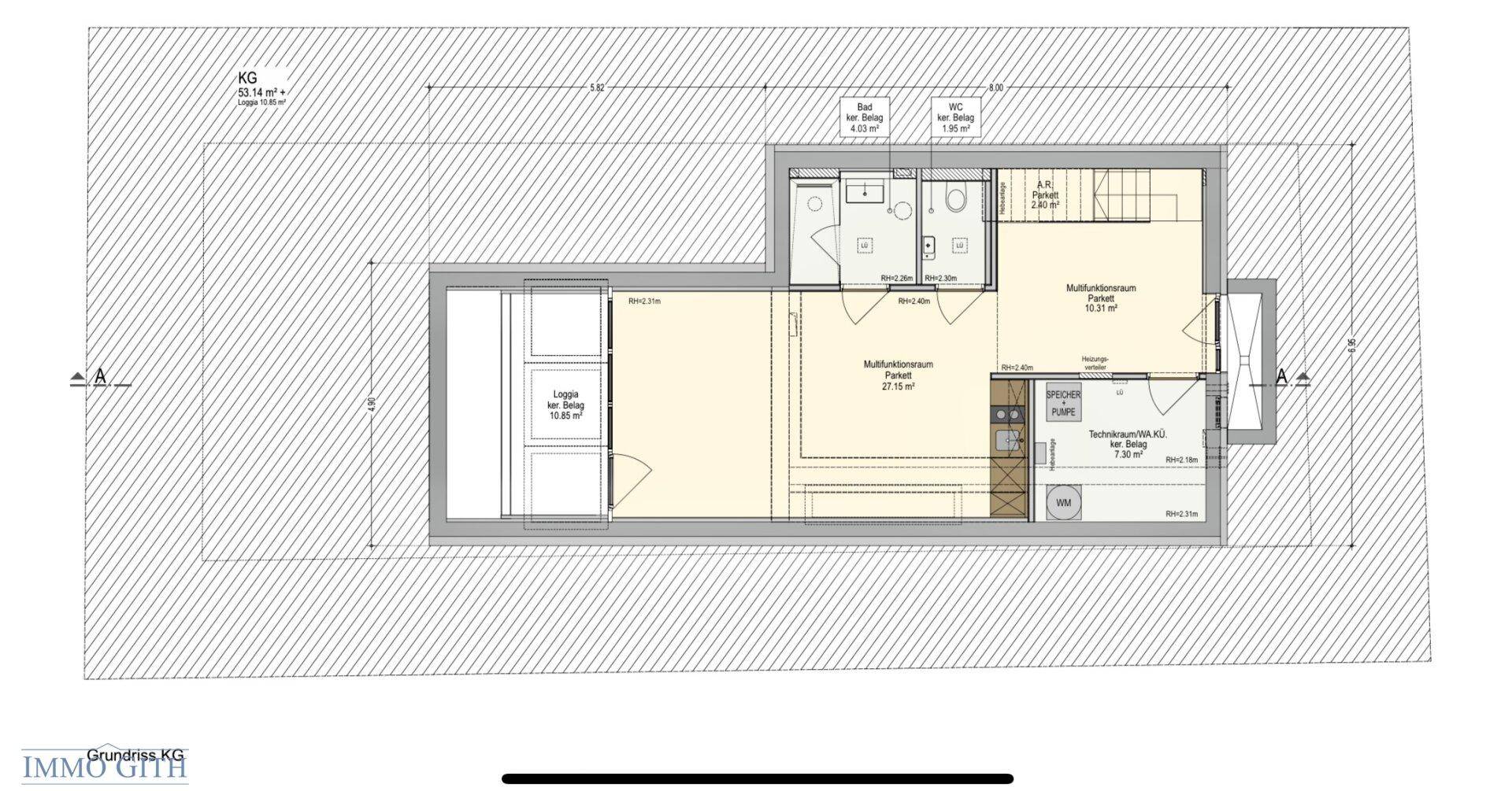 Grundriss des Kellergeschosses mit Multifunktionsraum, Technikraum, Bad und separatem WC.