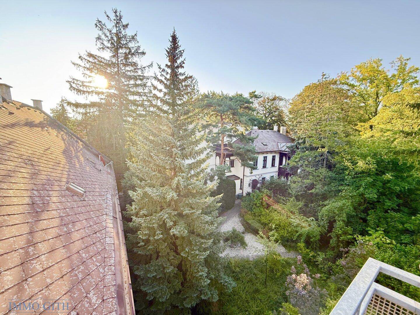 Weitläufiger Blick vom Balkon über grüne Bäume und umliegende Gebäude.