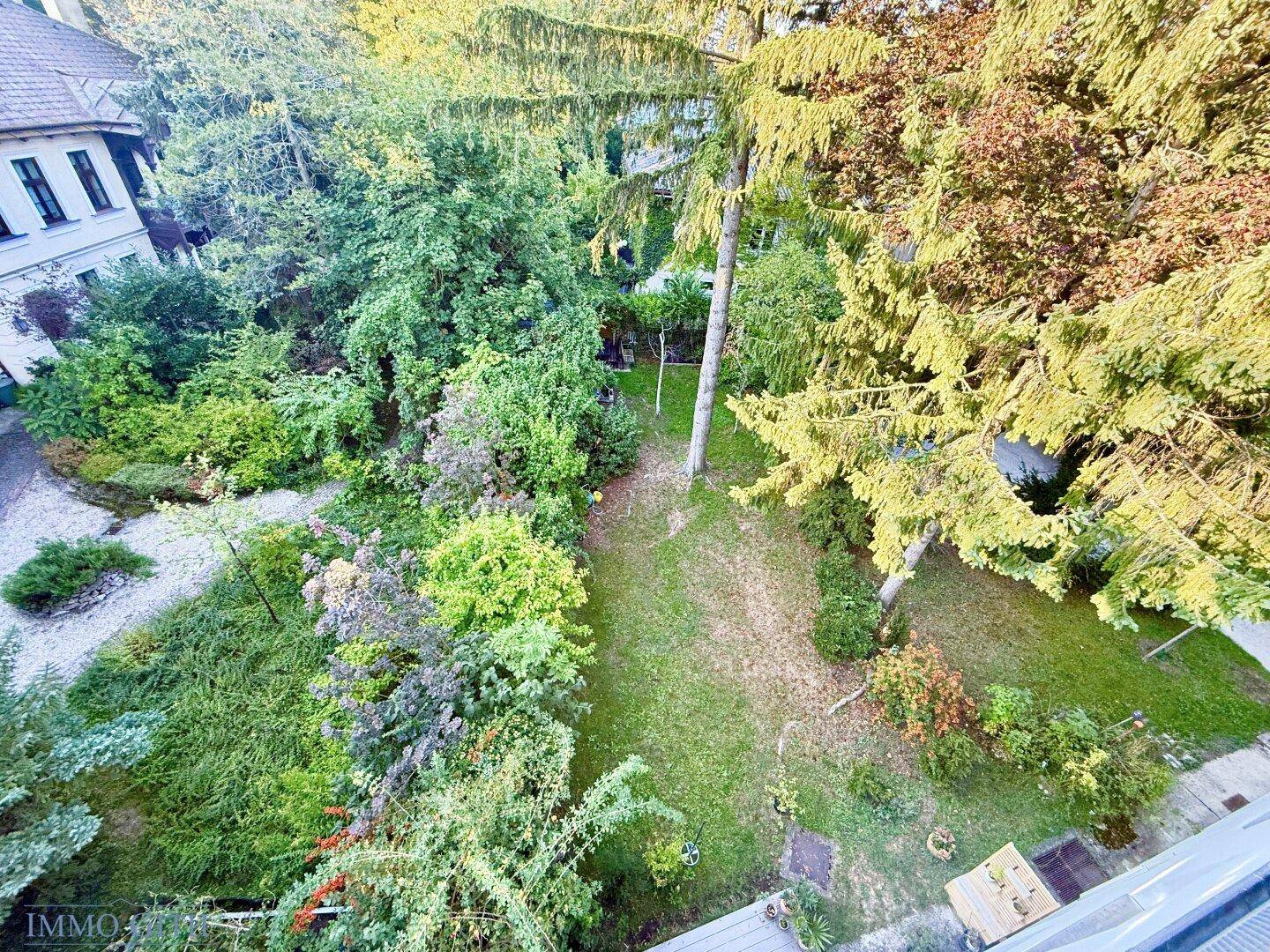 Gepflegter Gartenbereich mit Rasenflächen und altem Baumbestand, umgeben von viel Grün.