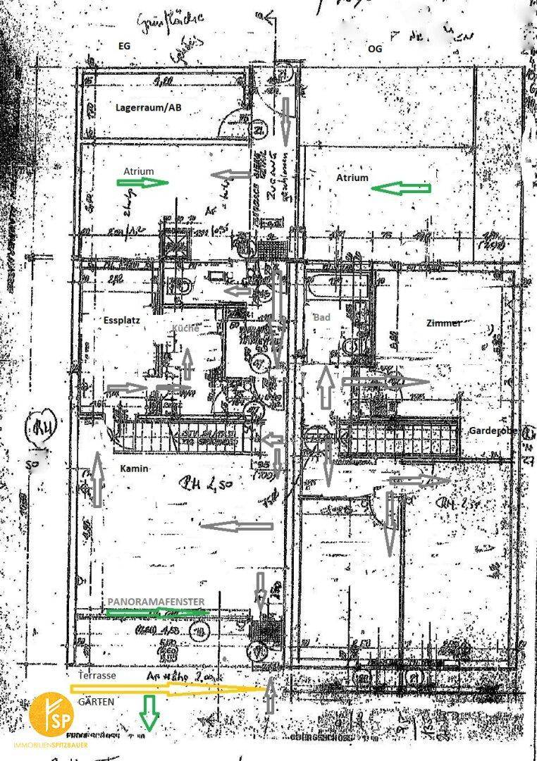 Detaillierter handgezeichneter Grundriss mit verschiedenen Räumen und Außenbereichen.
