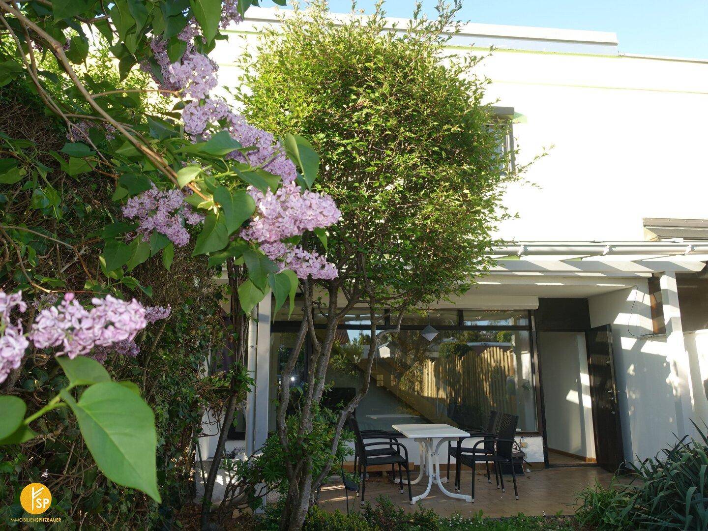 Hausrückseite mit blühendem Flieder, Terrasse und Blick in den grünen Garten.