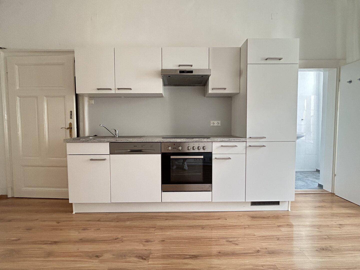 Detailansicht der modernen weißen Einbauküche mit integriertem Backofen und Spülmaschine.