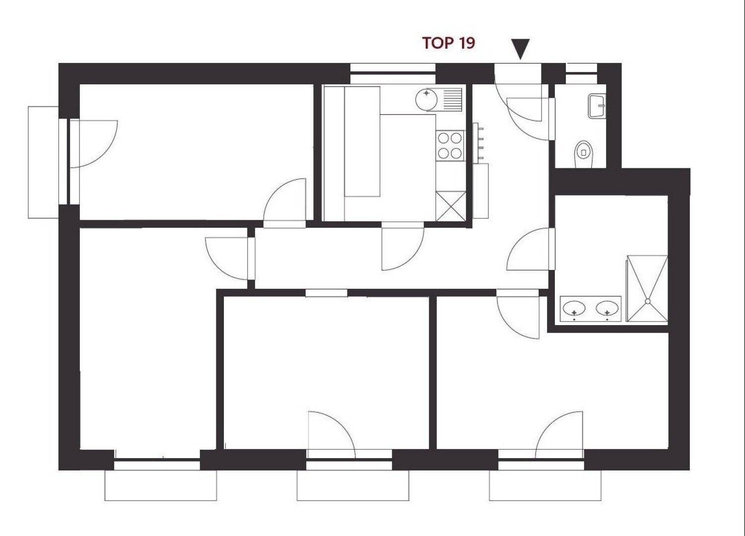 Grundriss einer Wohnung mit mehreren Zimmern, einer Küche, zwei Bädern und kleinen Balkonen.
