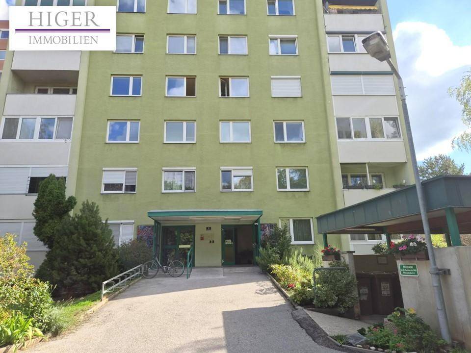 Mehrstöckiges Wohngebäude mit hellgrüner Fassade und vielen Fenstern, umgeben von Grünflächen.