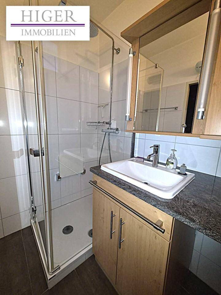 Modernes Badezimmer mit Duschkabine, Einzelwaschbecken und dunkler Granit-Arbeitsplatte.