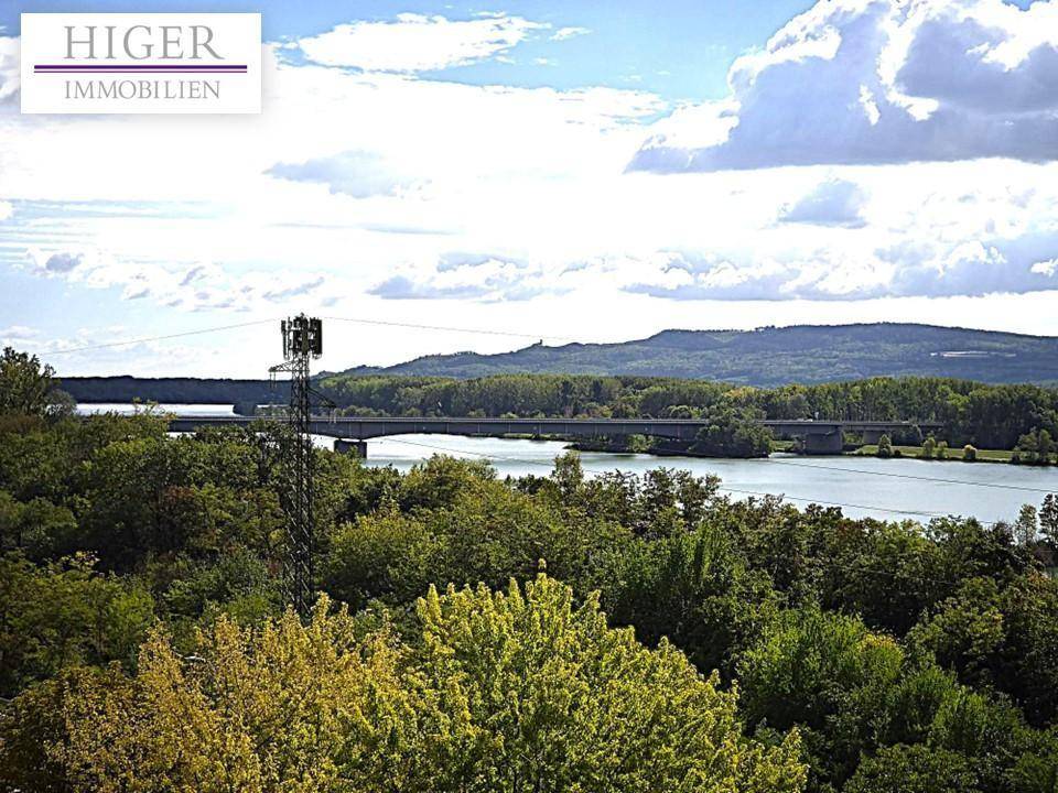 Panoramablick über den Fluss und die umliegende grüne Landschaft mit einer Brücke im Hintergrund.