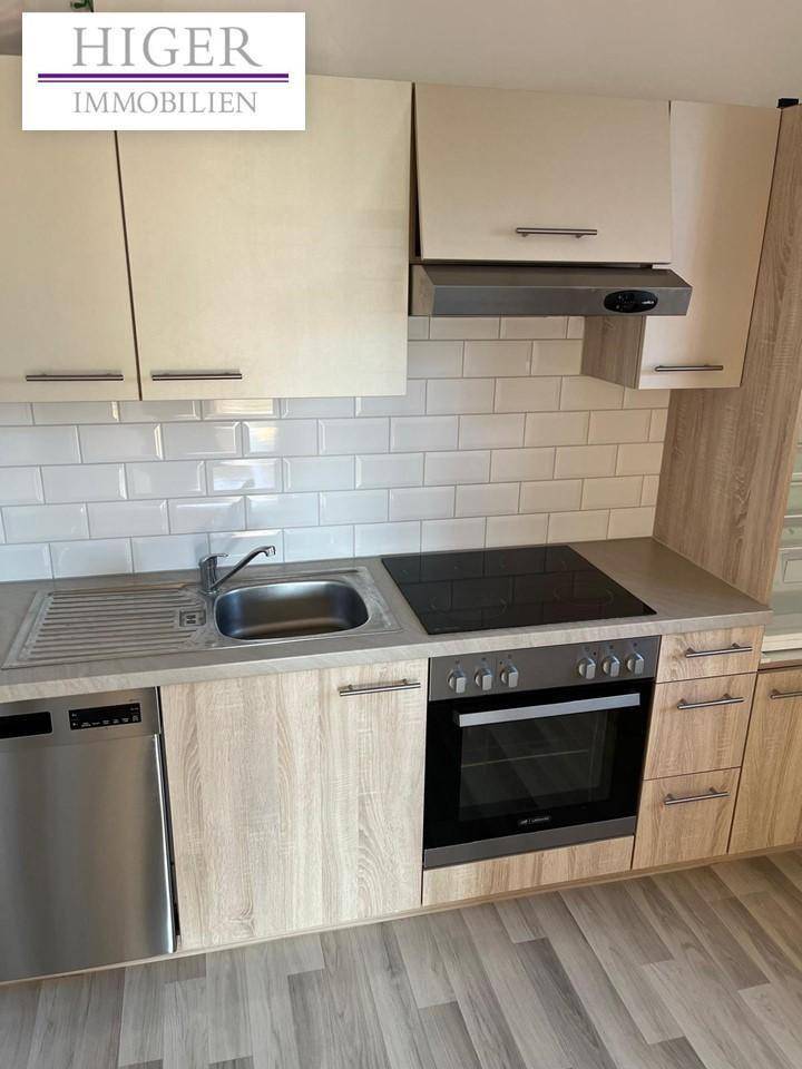 Moderne Einbauküche mit hellen Holzfronten, Induktionskochfeld und integriertem Geschirrspüler.