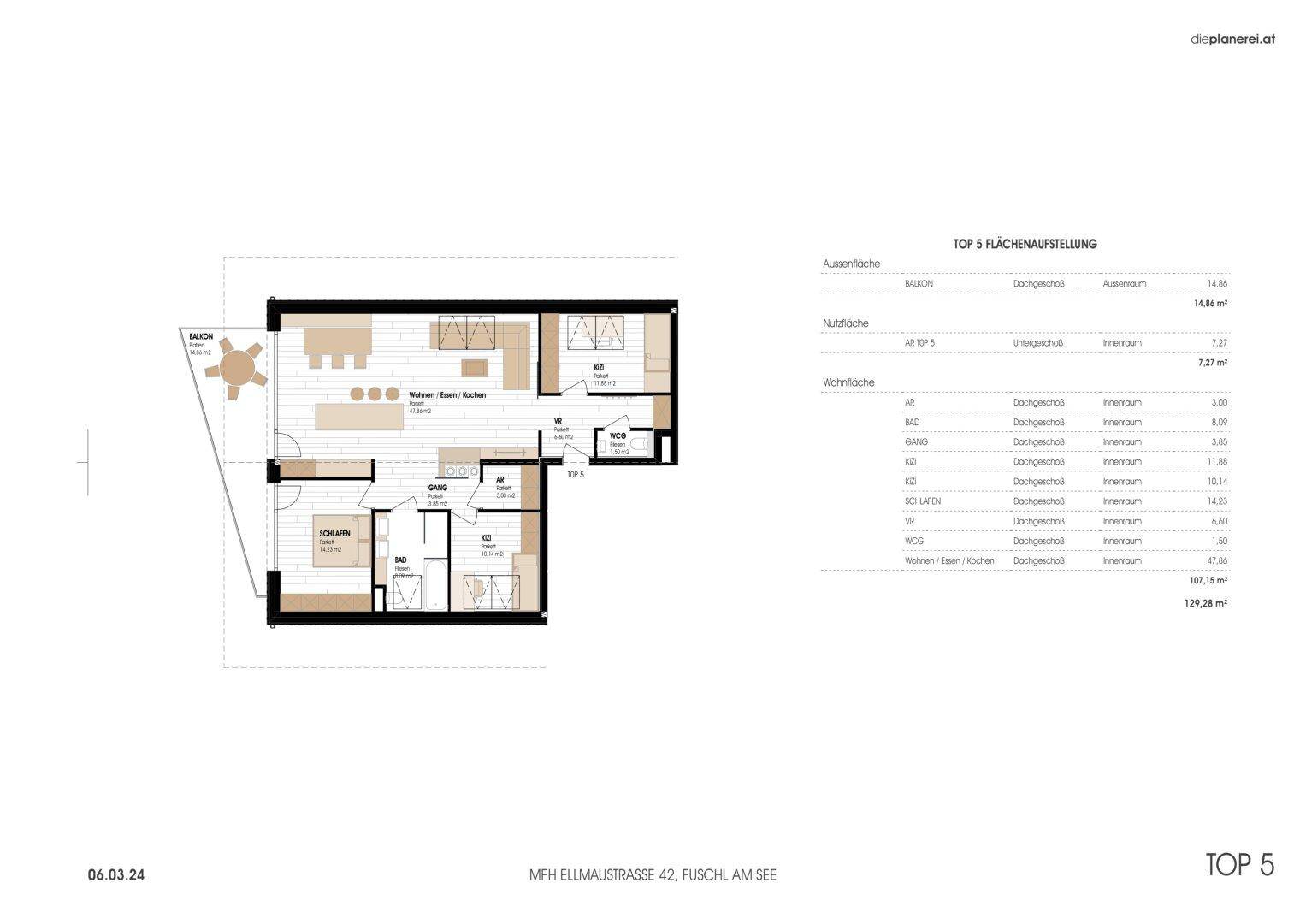 Grundrissplan mit Raumaufteilung, Balkon und Flächenübersicht der Wohneinheit.