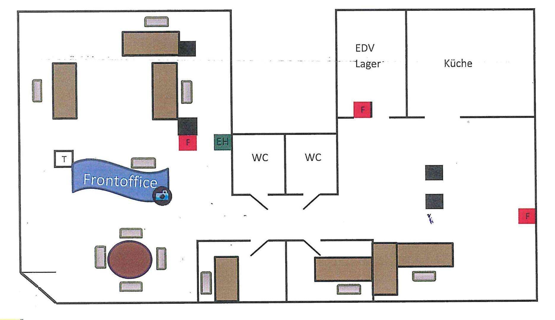 Übersichtlicher Grundriss mit Frontoffice, Lager, Küche und Toiletten, ideal für Gewerbeflächen.