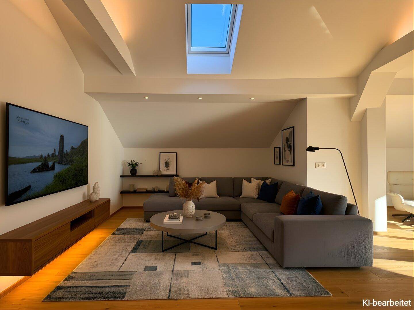 Gemütliches Wohnzimmer mit modernem Sofa, Fernseher und Dachfenster für viel Licht.