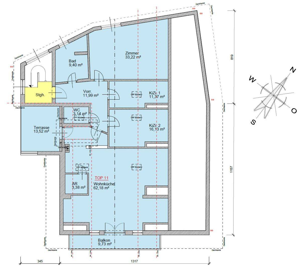 Grundriss der Wohnung Top 11 mit Terrasse, Balkon und drei Zimmern.