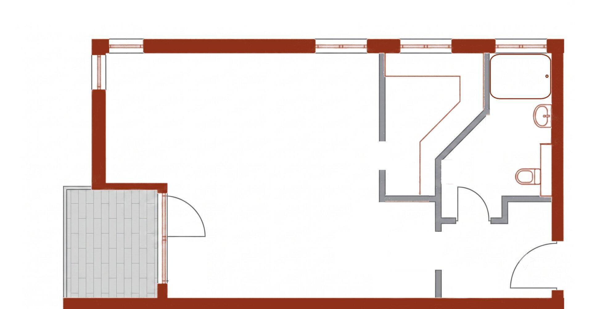 Grundriss einer Wohnung mit Balkon, Badezimmer und separatem WC.