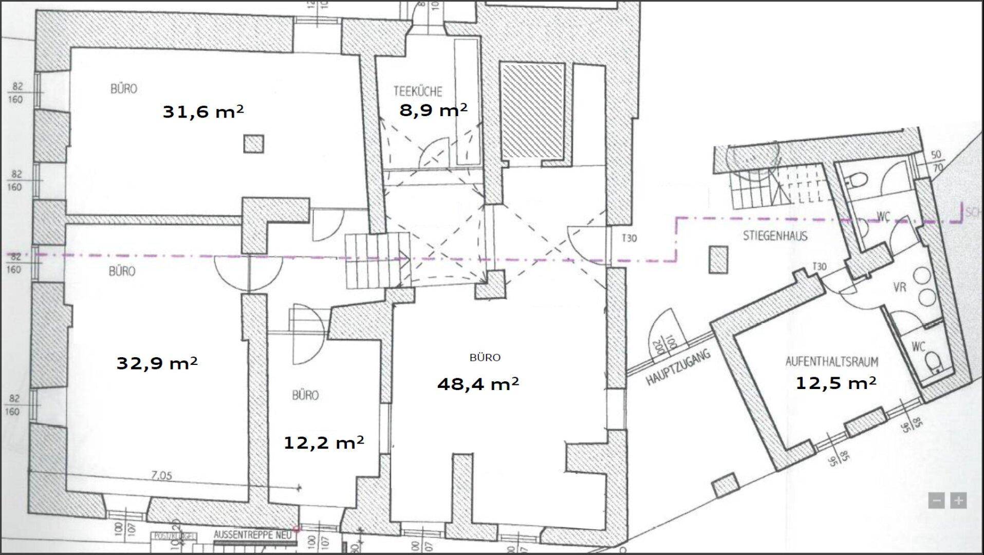 Detaillierter Grundriss mit Raumaufteilung und Flächenangaben für Büros und Teeküche.