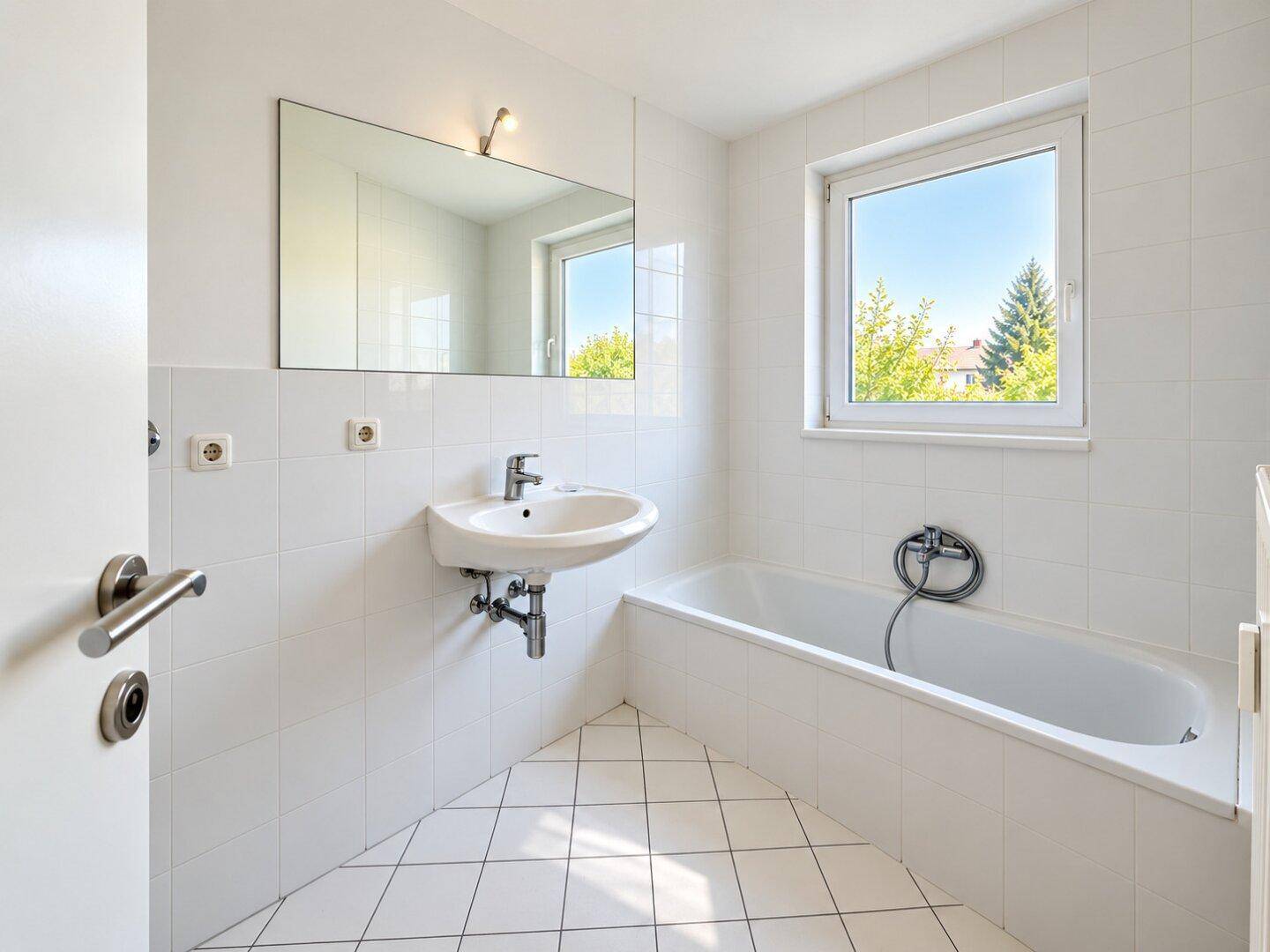 Modernes Badezimmer mit weißen Fliesen, Badewanne, Einzelwaschbecken und Fenster.