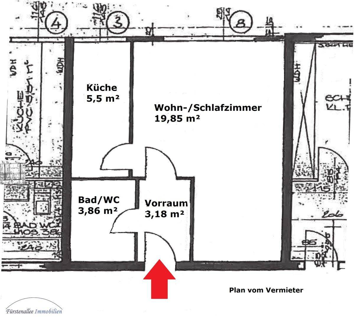 Grundriss einer Wohnung mit separater Küche, Wohn-/Schlafzimmer, Bad/WC und einem praktischen Vorraum.