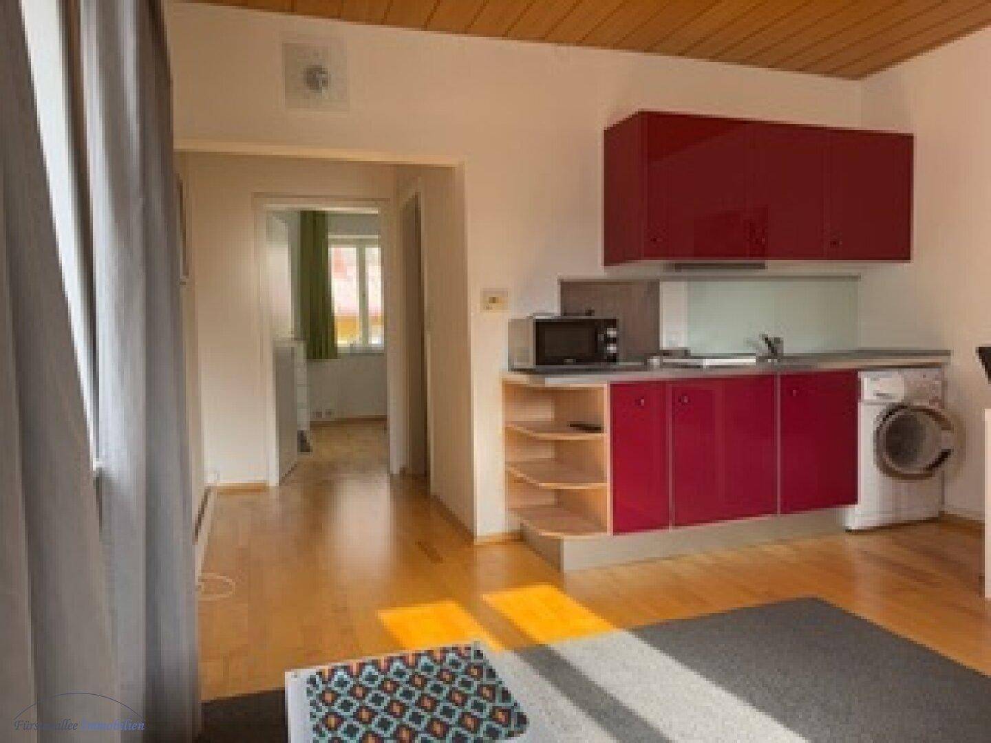 Heller Raum mit kleiner Küchenzeile, Waschmaschine und Holzboden.