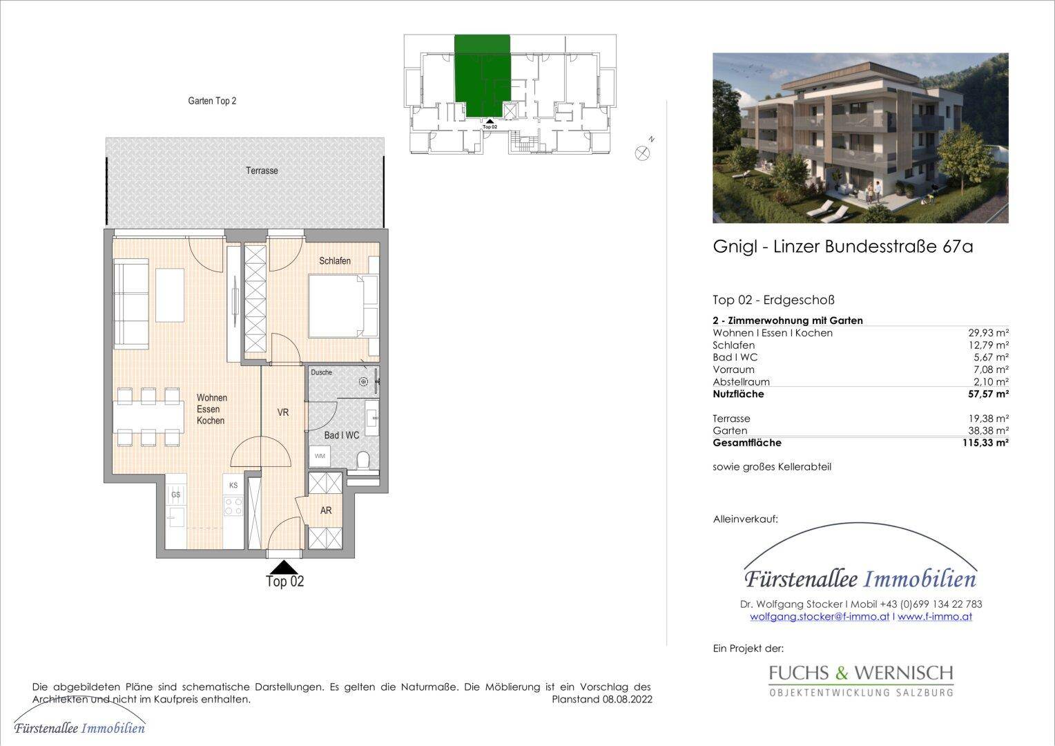 Grundriss der Erdgeschosswohnung Top 02 mit offenem Wohnbereich, Terrasse und Gartenanteil.