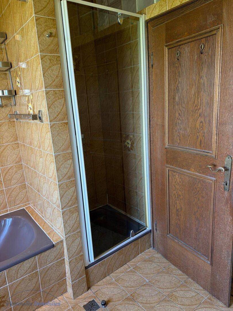 Badezimmer mit Duschbereich und traditioneller Holztür, passend zum Stil.