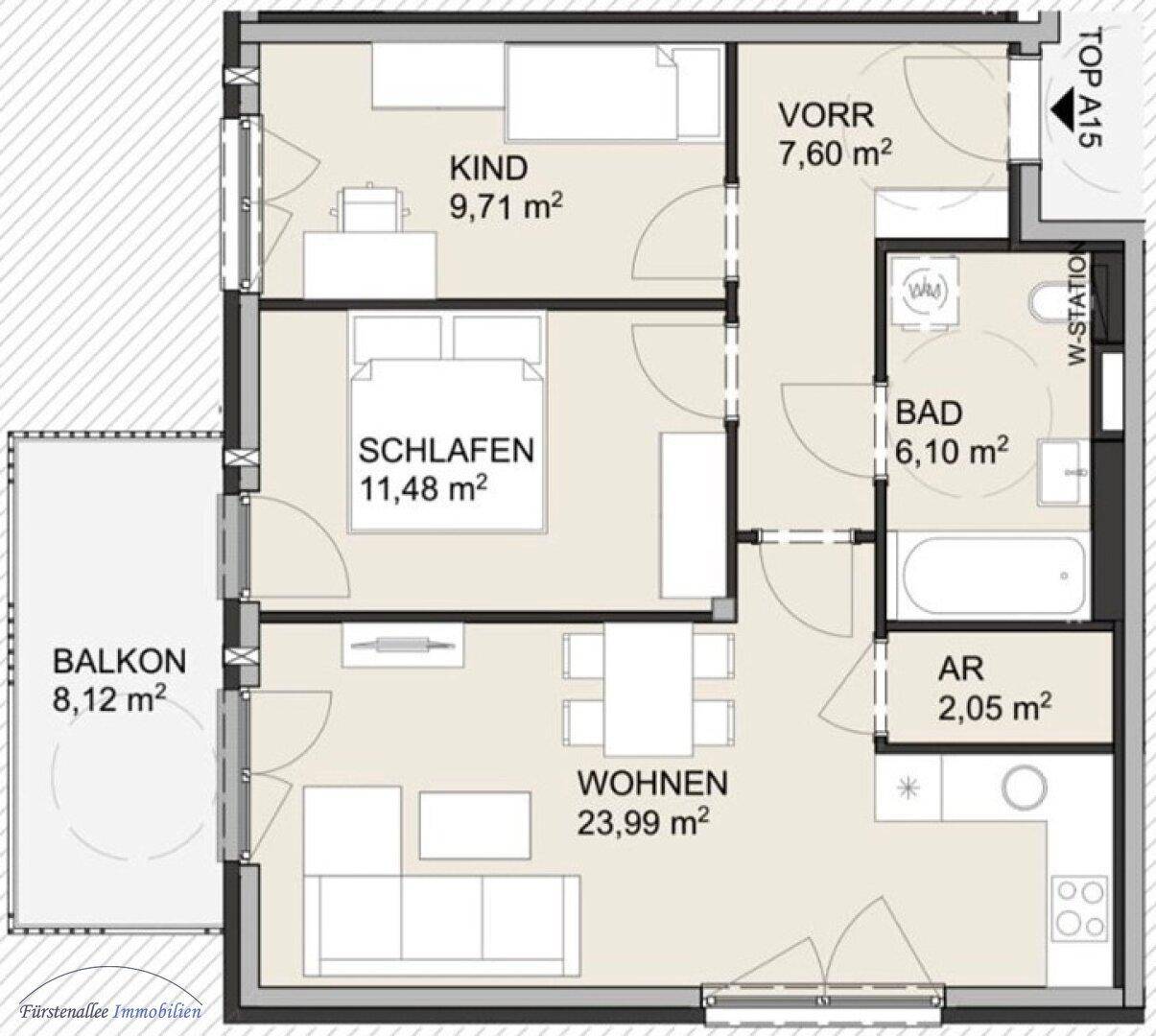 Detaillierter Grundriss der Wohnung mit Raumaufteilung und Flächenangaben.
