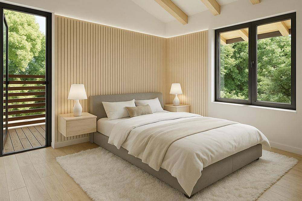 Helles Schlafzimmer mit Holzwänden, Balkonzugang und Blick auf die Natur.