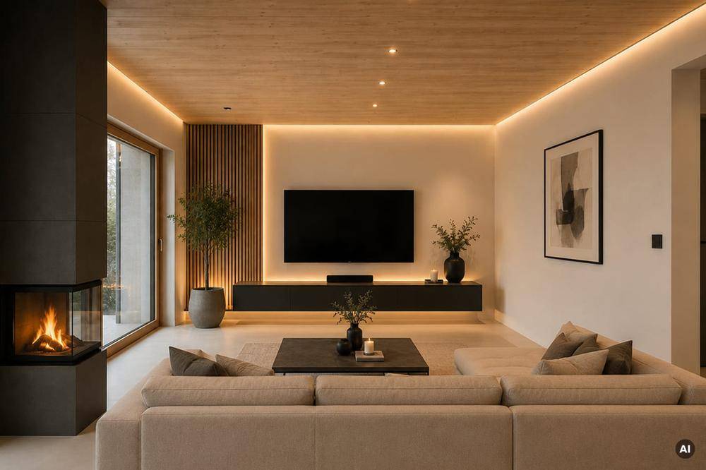 Helles Wohnzimmer mit modernem Kamin, Holzakzenten und indirekter Beleuchtung für eine gemütliche Atmosphäre.