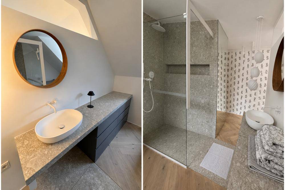 Modernes Badezimmer mit großformatigen Fliesen, ovalem Aufsatzwaschbecken und einer begehbaren Dusche.